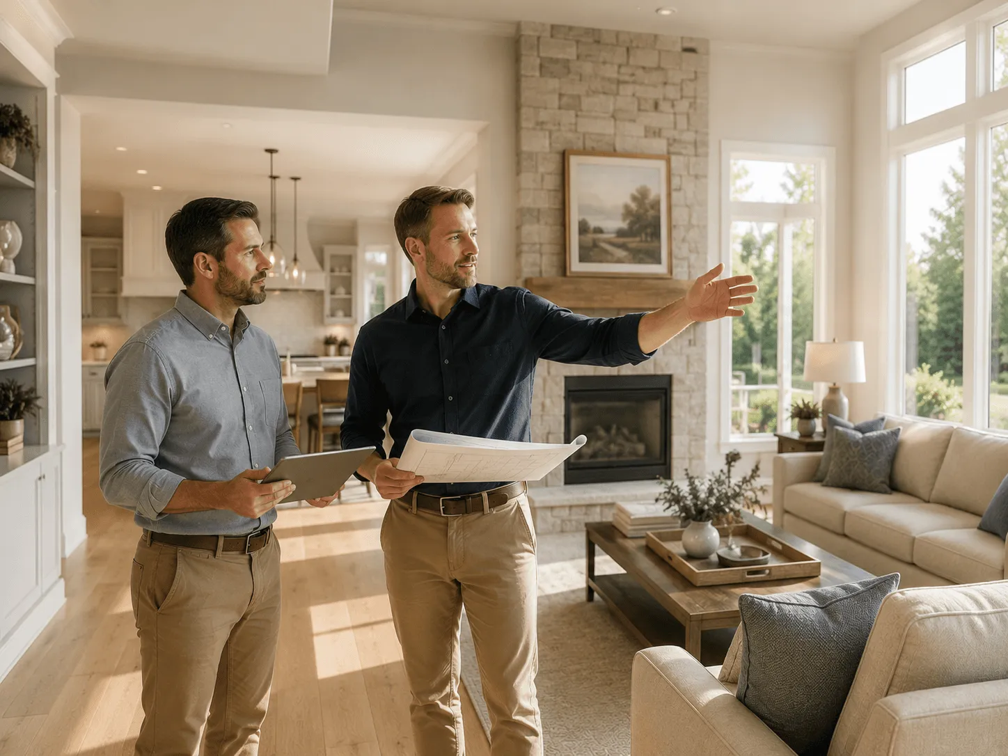 Two contractors reviewing blueprints